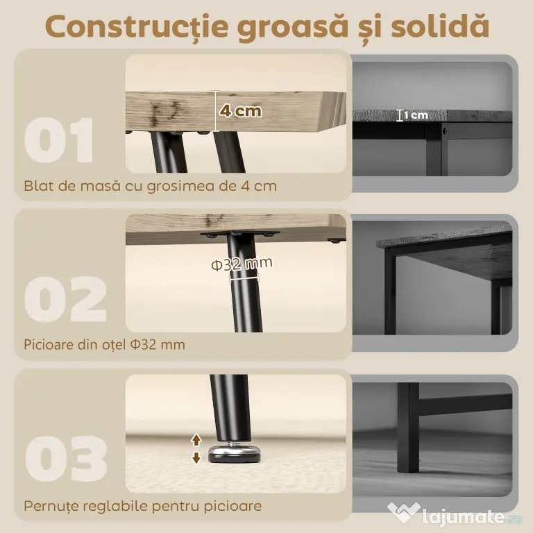 HOMCOM Măsuță de Cafea cu Blat Gros, Picioare Reglabile, Design Nordic cu Picioare din Oțel, 100x50x45 cm, Stejar | Aosom Romania