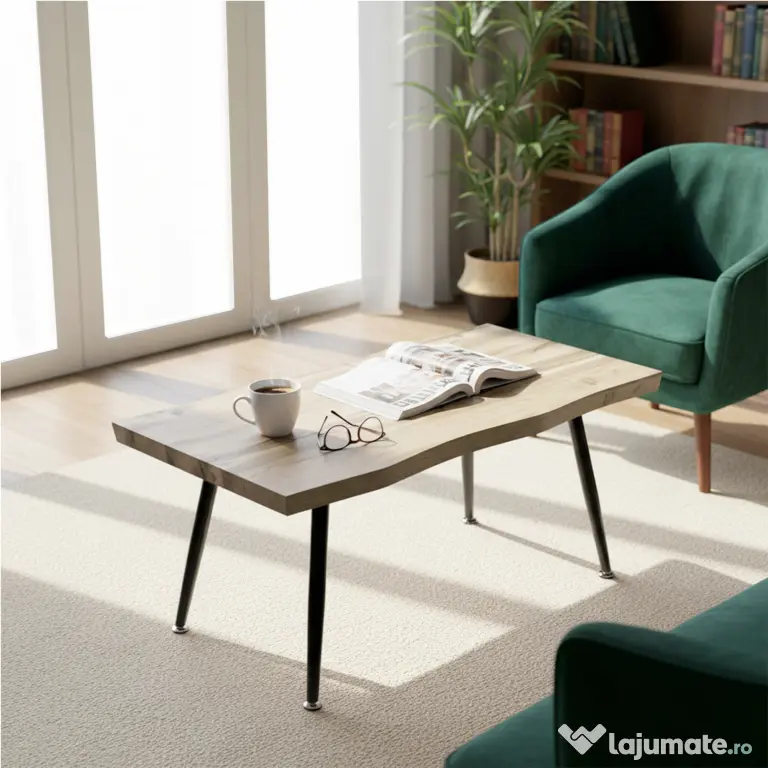 HOMCOM Măsuță de Cafea cu Blat Gros, Picioare Reglabile, Design Nordic cu Picioare din Oțel, 100x50x45 cm, Stejar | Aosom Romania