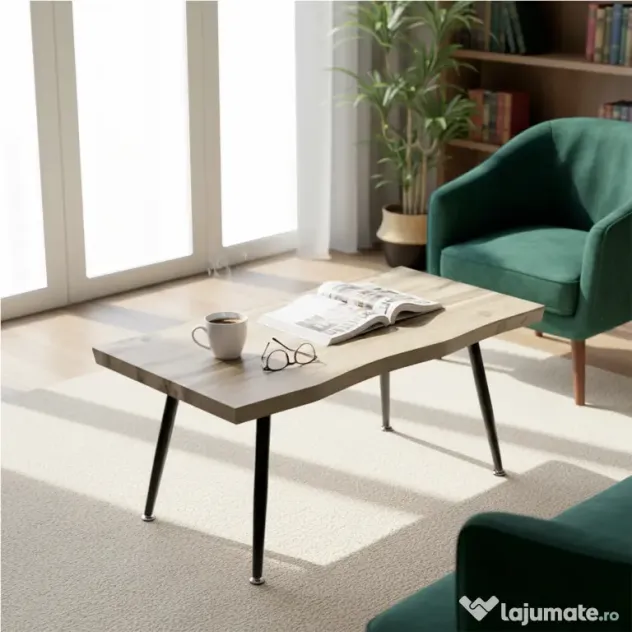 HOMCOM Măsuță de Cafea cu Blat Gros, Picioare Reglabile, Design Nordic cu Picioare din Oțel, 100x50x45 cm, Stejar | Aosom Romania