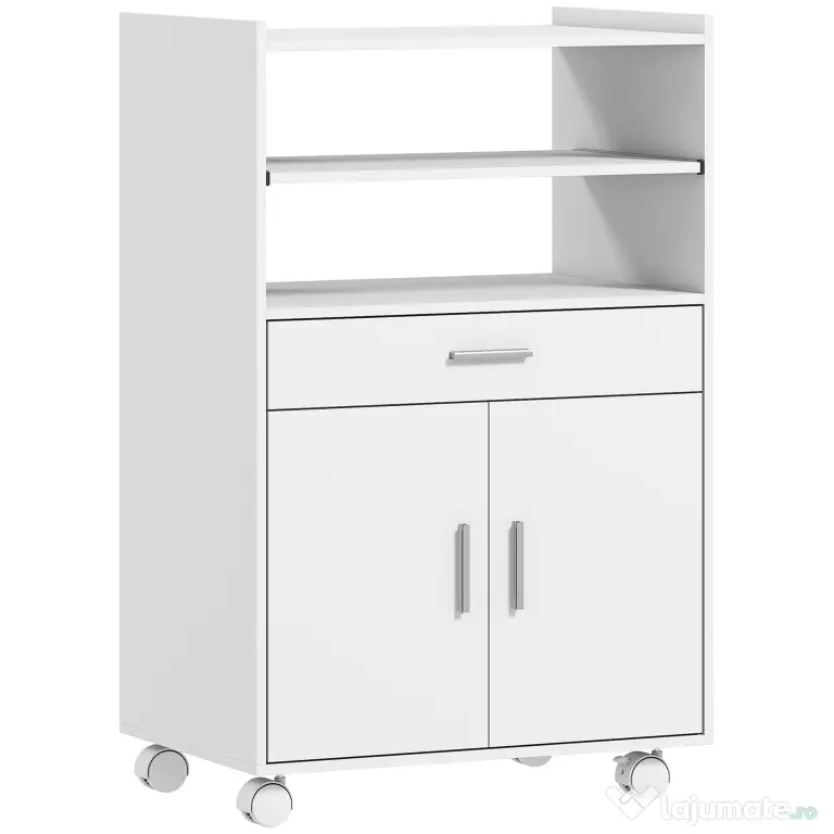 HOMCOM Dulap pentru Cuptorul cu Microunde cu Roți, Bufet de Bucătărie cu Sertar, Blat pentru Electrocasnice, Dulap cu 2 Uși, Raft Glisant și Raft Deschis, Cărucior de Bucătărie pentru Sufragerie, 59x40x92cm, Alb | Aosom Romania
