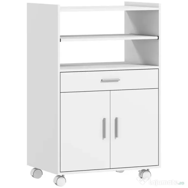 HOMCOM Dulap pentru Cuptorul cu Microunde cu Roți, Bufet de Bucătărie cu Sertar, Blat pentru Electrocasnice, Dulap cu 2 Uși, Raft Glisant și Raft Deschis, Cărucior de Bucătărie pentru Sufragerie, 59x40x92cm, Alb | Aosom Romania
