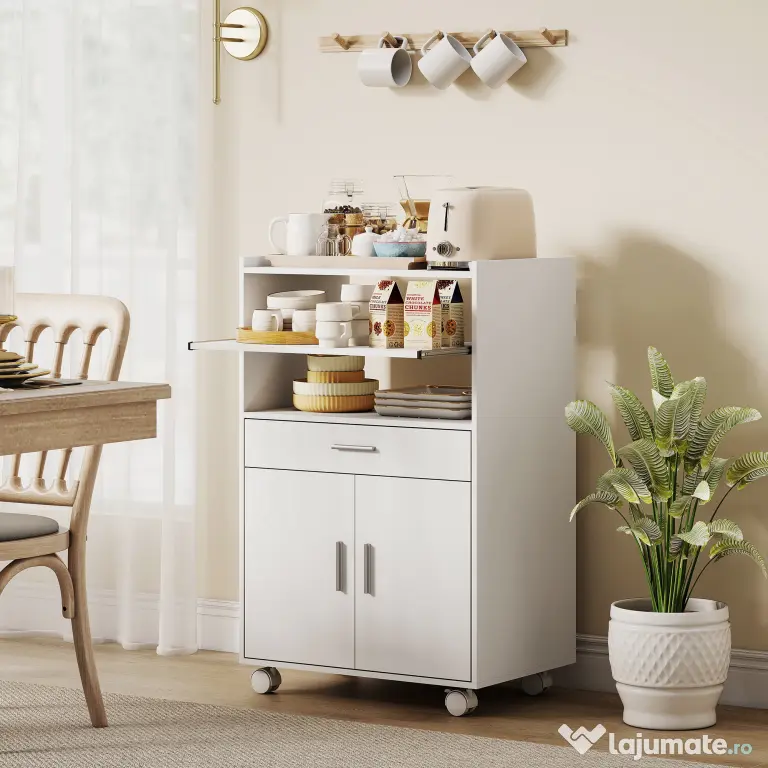 HOMCOM Dulap pentru Cuptorul cu Microunde cu Roți, Bufet de Bucătărie cu Sertar, Blat pentru Electrocasnice, Dulap cu 2 Uși, Raft Glisant și Raft Deschis, Cărucior de Bucătărie pentru Sufragerie, 59x40x92cm, Alb | Aosom Romania