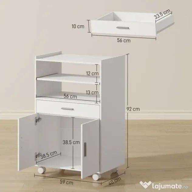 HOMCOM Dulap pentru Cuptorul cu Microunde cu Roți, Bufet de Bucătărie cu Sertar, Blat pentru Electrocasnice, Dulap cu 2 Uși, Raft Glisant și Raft Deschis, Cărucior de Bucătărie pentru Sufragerie, 59x40x92cm, Alb | Aosom Romania