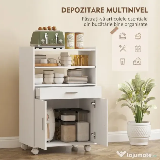 HOMCOM Dulap pentru Cuptorul cu Microunde cu Roți, Bufet de Bucătărie cu Sertar, Blat pentru Electrocasnice, Dulap cu 2 Uși, Raft Glisant și Raft Deschis, Cărucior de Bucătărie pentru Sufragerie, 59x40x92cm, Alb | Aosom Romania