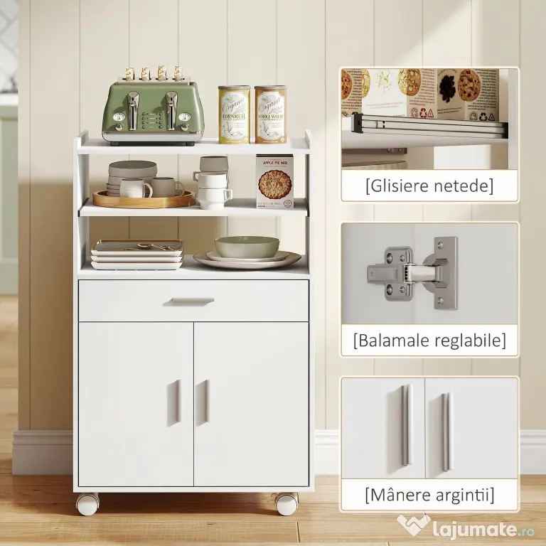 HOMCOM Dulap pentru Cuptorul cu Microunde cu Roți, Bufet de Bucătărie cu Sertar, Blat pentru Electrocasnice, Dulap cu 2 Uși, Raft Glisant și Raft Deschis, Cărucior de Bucătărie pentru Sufragerie, 59x40x92cm, Alb | Aosom Romania