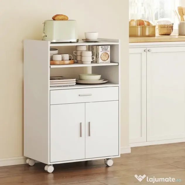 HOMCOM Dulap pentru Cuptorul cu Microunde cu Roți, Bufet de Bucătărie cu Sertar, Blat pentru Electrocasnice, Dulap cu 2 Uși, Raft Glisant și Raft Deschis, Cărucior de Bucătărie pentru Sufragerie, 59x40x92cm, Alb | Aosom Romania