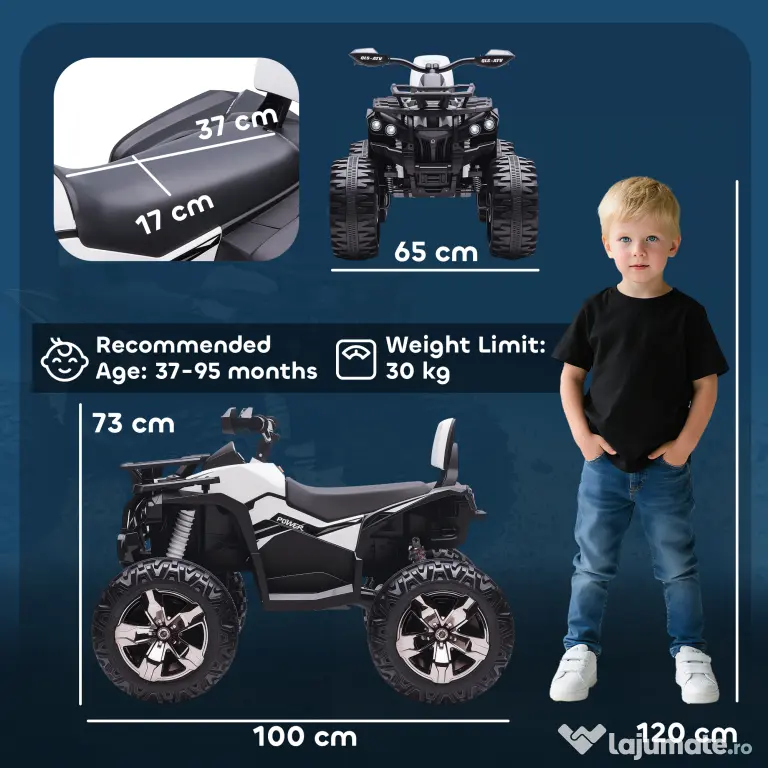 HOMCOM Quad Electric pentru Copii 3-5 Ani 12V, 3-8km/h Mini Quad pentru Copii cu 2 Motoare, Muzică, MP3, Conector USB, Card TF, Faruri și Pedală, Alb | Aosom Romania
