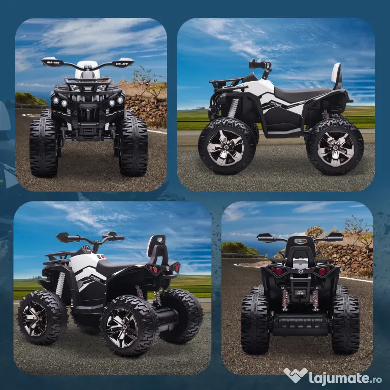 HOMCOM Quad Electric pentru Copii 3-5 Ani 12V, 3-8km/h Mini Quad pentru Copii cu 2 Motoare, Muzică, MP3, Conector USB, Card TF, Faruri și Pedală, Alb | Aosom Romania