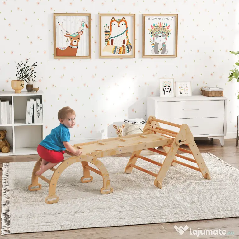 AIYAPLAY Joc pentru Copii 5 în 1 cu Triunghi, Tobogan Neted și Arc, din Lemn de Plop și Pin, 188x70x59 cm | Aosom Romania