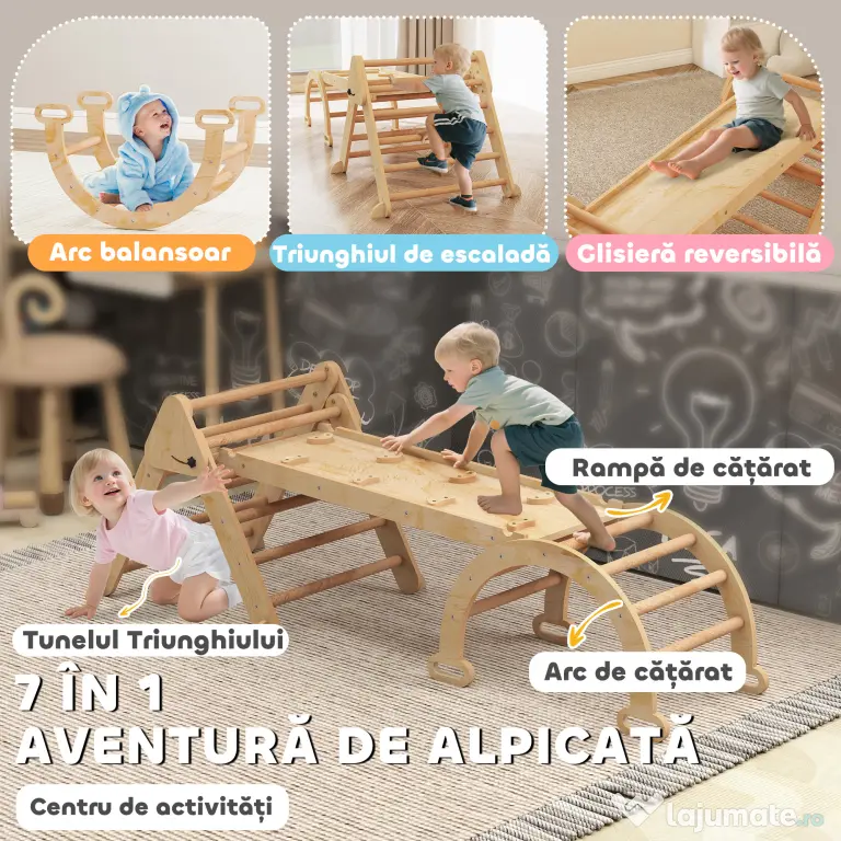 AIYAPLAY Joc pentru Copii 5 în 1 cu Triunghi, Tobogan Neted și Arc, din Lemn de Plop și Pin, 188x70x59 cm | Aosom Romania