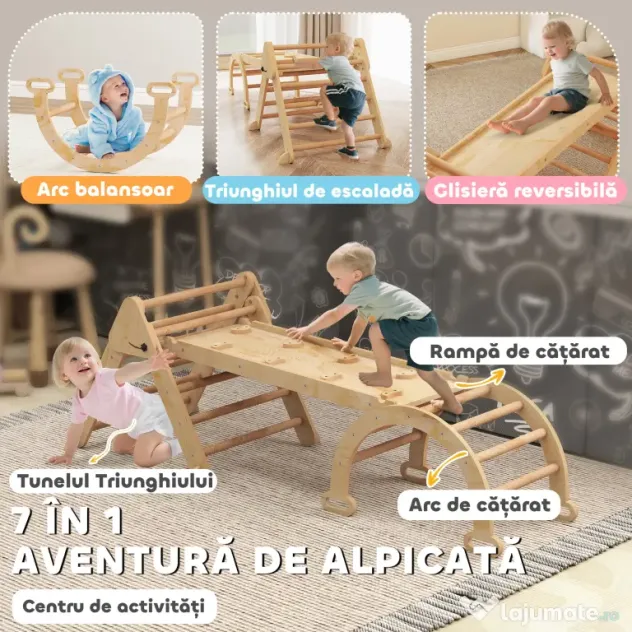 AIYAPLAY Joc pentru Copii 5 în 1 cu Triunghi, Tobogan Neted și Arc, din Lemn de Plop și Pin, 188x70x59 cm | Aosom Romania