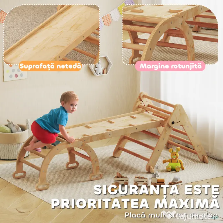 AIYAPLAY Joc pentru Copii 5 în 1 cu Triunghi, Tobogan Neted și Arc, din Lemn de Plop și Pin, 188x70x59 cm | Aosom Romania