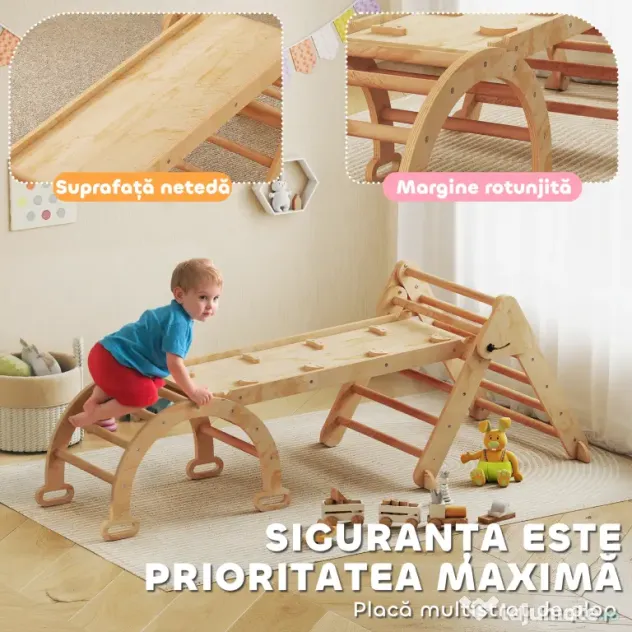 AIYAPLAY Joc pentru Copii 5 în 1 cu Triunghi, Tobogan Neted și Arc, din Lemn de Plop și Pin, 188x70x59 cm | Aosom Romania