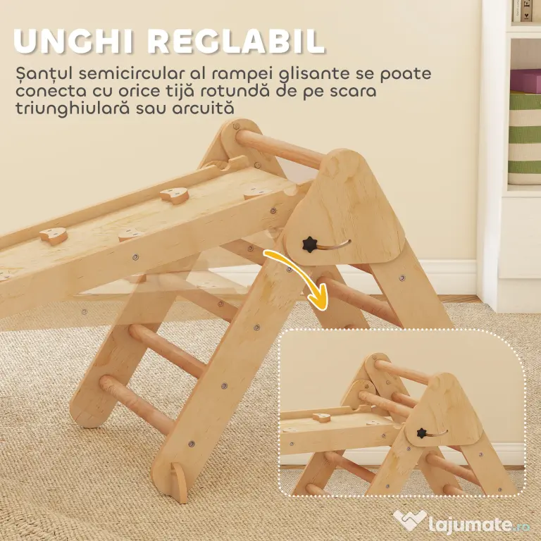 AIYAPLAY Joc pentru Copii 5 în 1 cu Triunghi, Tobogan Neted și Arc, din Lemn de Plop și Pin, 188x70x59 cm | Aosom Romania