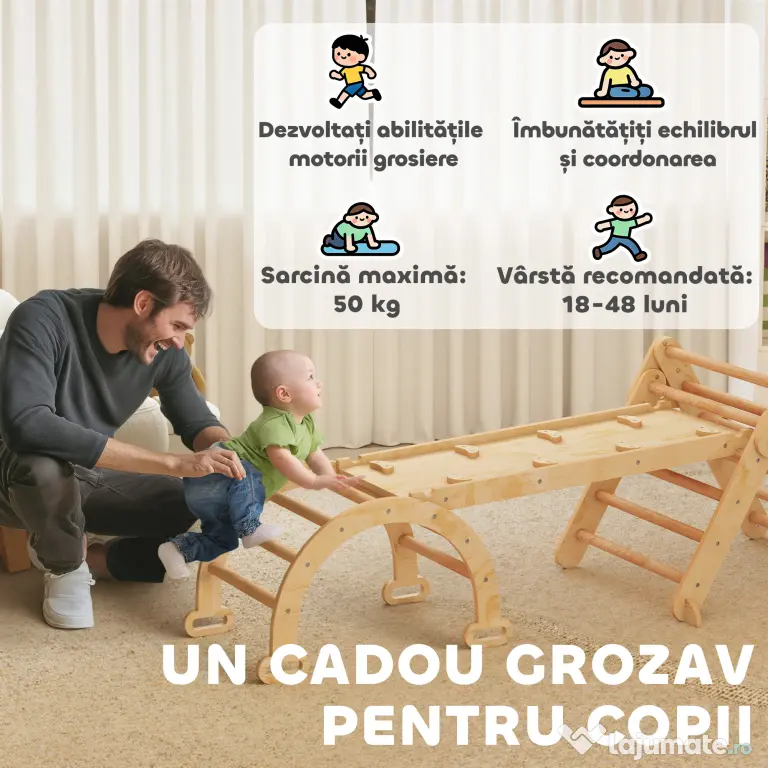 AIYAPLAY Joc pentru Copii 5 în 1 cu Triunghi, Tobogan Neted și Arc, din Lemn de Plop și Pin, 188x70x59 cm | Aosom Romania