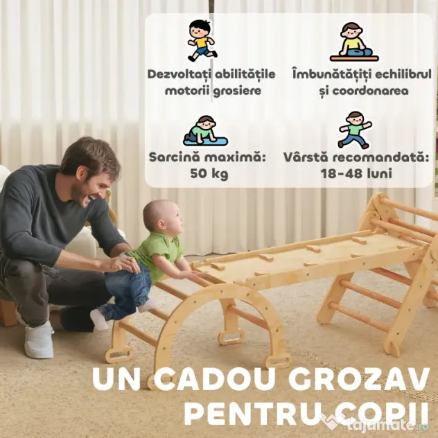 AIYAPLAY Joc pentru Copii 5 în 1 cu Triunghi, Tobogan Neted și Arc, din Lemn de Plop și Pin, 188x70x59 cm | Aosom Romania