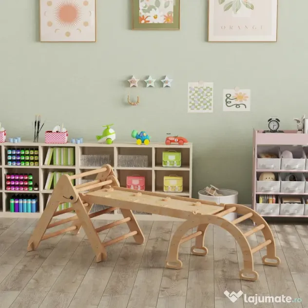 AIYAPLAY Joc pentru Copii 5 în 1 cu Triunghi, Tobogan Neted și Arc, din Lemn de Plop și Pin, 188x70x59 cm | Aosom Romania