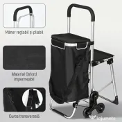 HOMCOM Cărucior de Cumpărături cu Geantă Impermeabilă de 40L, 46x59.5x97 cm, Negru și Argintiu | Aosom Romania