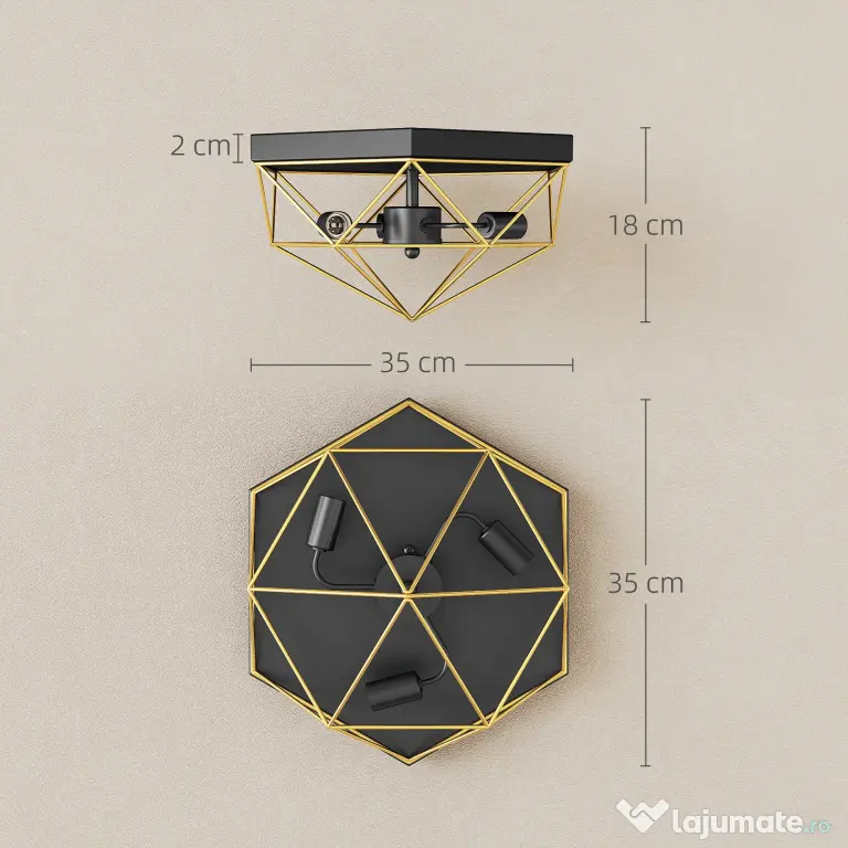 HOMCOM Lampă de Tavan Stil Industrial Geometrică cu 3 Suporturi E27 pentru Becuri LED, Negru și Auriu | Aosom Romania