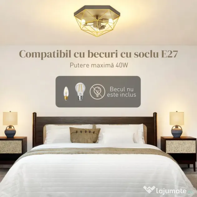 HOMCOM Lampă de Tavan Stil Industrial Geometrică cu 3 Suporturi E27 pentru Becuri LED, Negru și Auriu | Aosom Romania