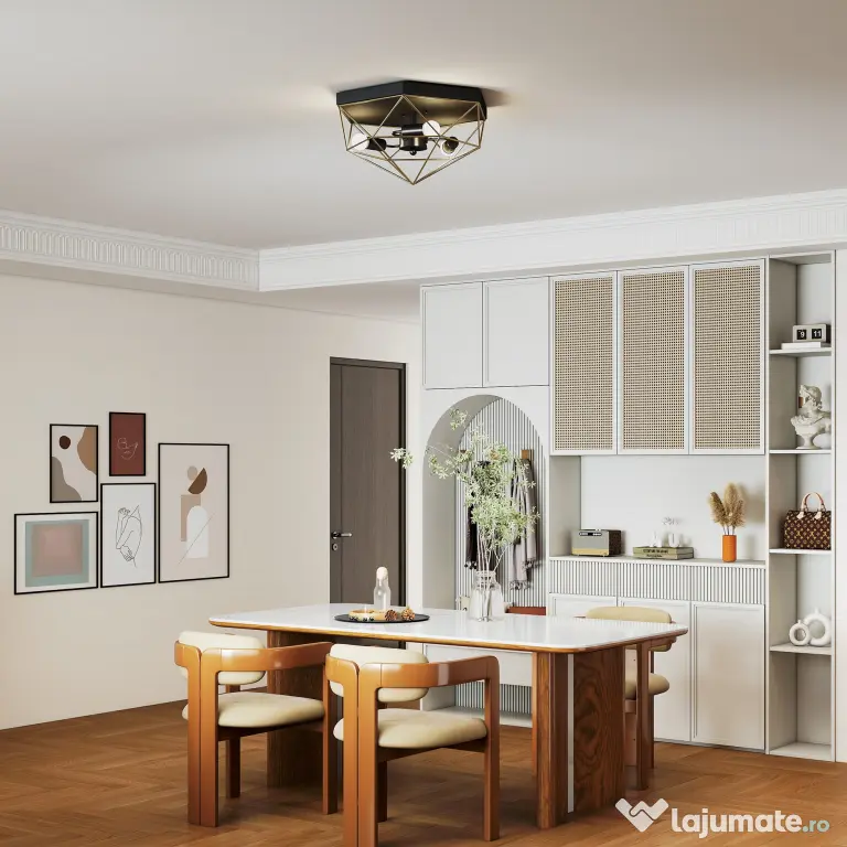 HOMCOM Lampă de Tavan Stil Industrial Geometrică cu 3 Suporturi E27 pentru Becuri LED, Negru și Auriu | Aosom Romania