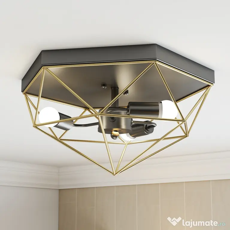 HOMCOM Lampă de Tavan Stil Industrial Geometrică cu 3 Suporturi E27 pentru Becuri LED, Negru și Auriu | Aosom Romania