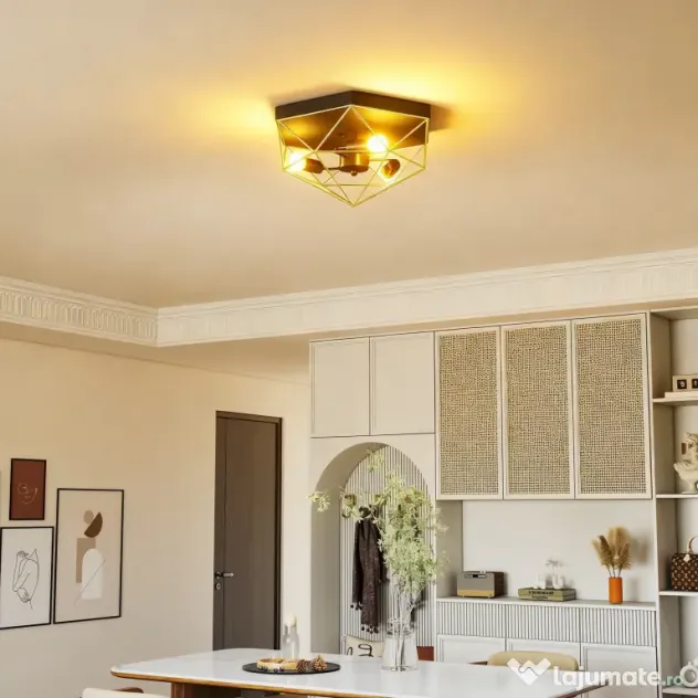 HOMCOM Lampă de Tavan Stil Industrial Geometrică cu 3 Suporturi E27 pentru Becuri LED, Negru și Auriu | Aosom Romania