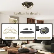 HOMCOM Lampă de Tavan Stil Industrial Geometrică cu 3 Suporturi E27 pentru Becuri LED, Negru și Auriu