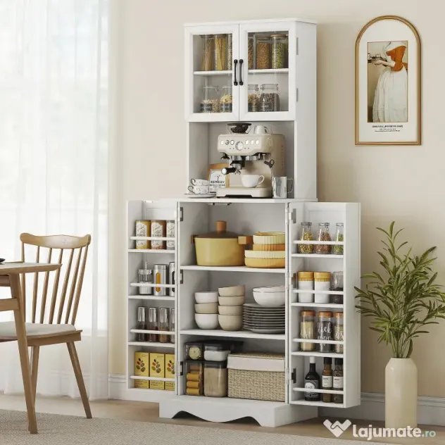 HOMCOM Mobilă de Depozitare pentru Bucătărie cu 2 Dulapuri și 8 Rafturi, din Lemn și Acrilic, 60x39.5x179.6 cm, Alb | Aosom Romania