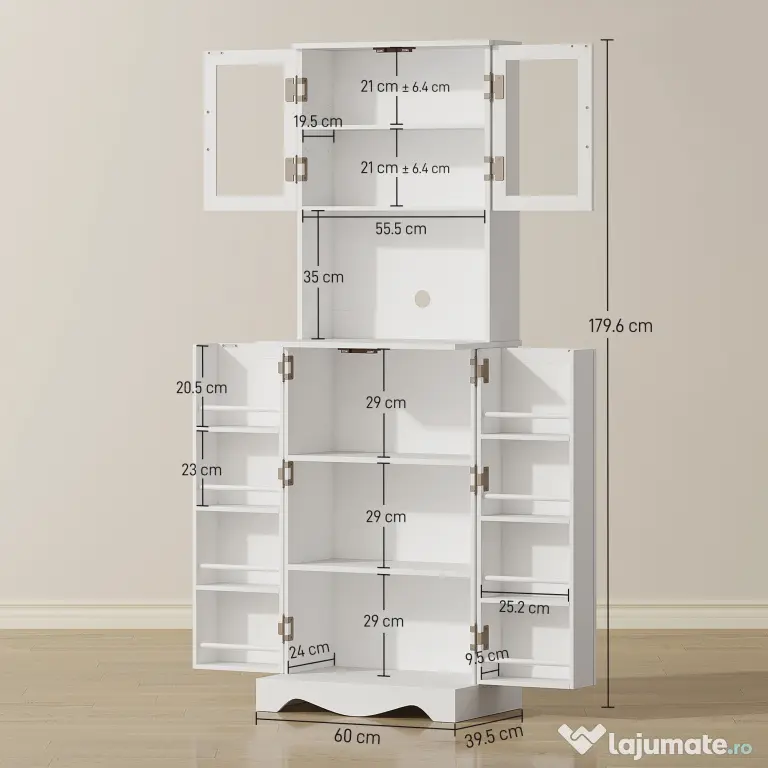 HOMCOM Mobilă de Depozitare pentru Bucătărie cu 2 Dulapuri și 8 Rafturi, din Lemn și Acrilic, 60x39.5x179.6 cm, Alb | Aosom Romania