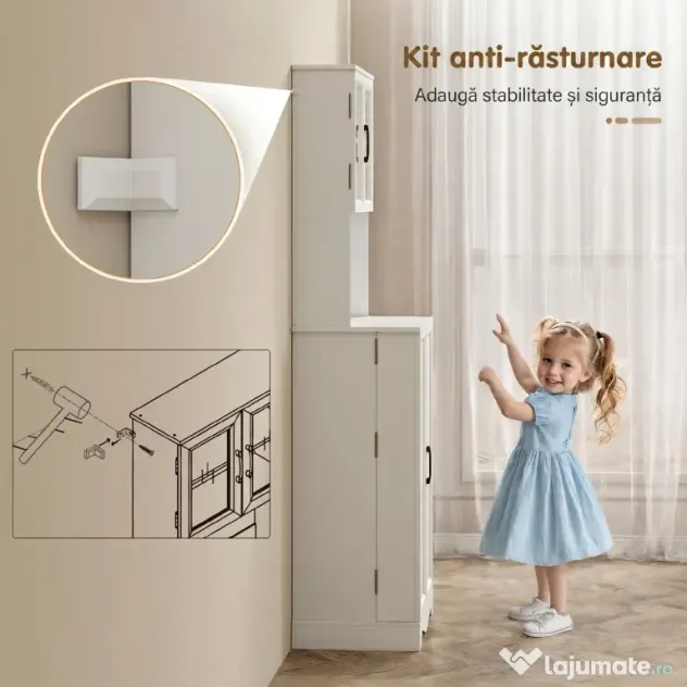 HOMCOM Mobilă de Depozitare pentru Bucătărie cu 2 Dulapuri și 8 Rafturi, din Lemn și Acrilic, 60x39.5x179.6 cm, Alb | Aosom Romania