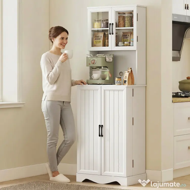 HOMCOM Mobilă de Depozitare pentru Bucătărie cu 2 Dulapuri și 8 Rafturi, din Lemn și Acrilic, 60x39.5x179.6 cm, Alb | Aosom Romania