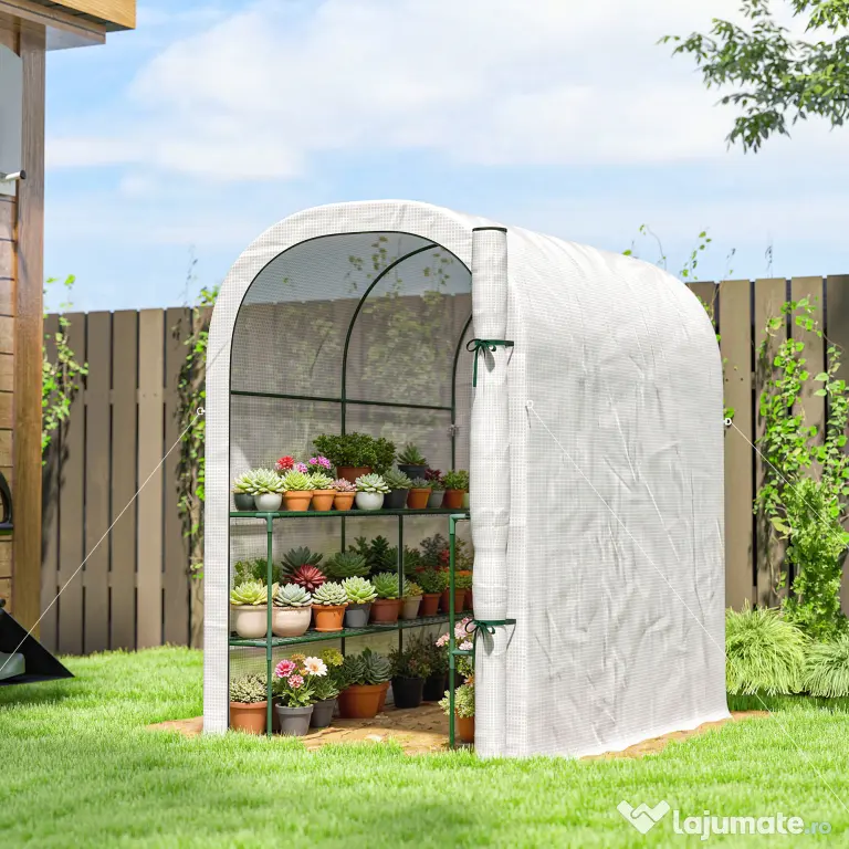 Outsunny Seră de Grădină cu Rafturi și Ușă Rulabilă, Seră pentru Grădină cu Cadru din Oțel, Acoperiș din PE Anti-UV, pentru Legume, Flori și Plante, 123x187x189 cm, Alb | Aosom Romania