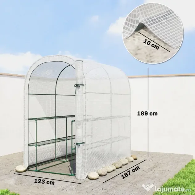 Outsunny Seră de Grădină cu Rafturi și Ușă Rulabilă, Seră pentru Grădină cu Cadru din Oțel, Acoperiș din PE Anti-UV, pentru Legume, Flori și Plante, 123x187x189 cm, Alb | Aosom Romania