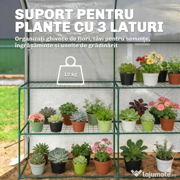 Outsunny Seră de Grădină cu Rafturi și Ușă Rulabilă, Seră pentru Grădină cu Cadru din Oțel, Acoperiș din PE Anti-UV, pentru Legume, Flori și Plante, 123x187x189 cm, Alb | Aosom Romania