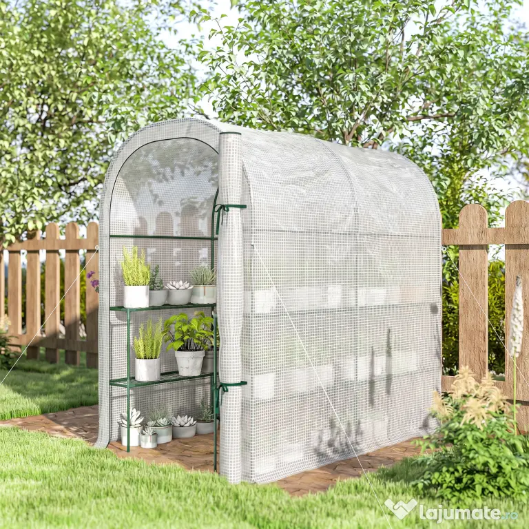 Outsunny Seră de Grădină cu Rafturi și Ușă Rulabilă, Seră pentru Grădină cu Cadru din Oțel, Acoperiș din PE Anti-UV, pentru Legume, Flori și Plante, 123x187x189 cm, Alb | Aosom Romania