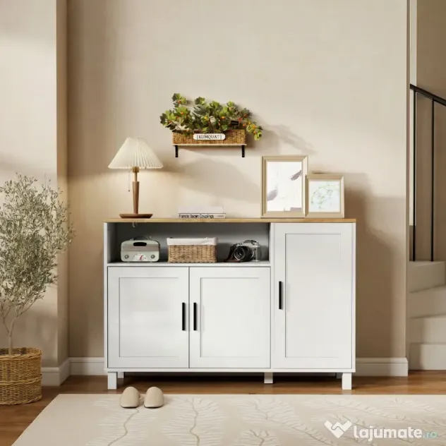 HOMCOM Dulap de Bucătărie cu Uși Amortizate, Compartiment Deschis și 2 Dulapuri Alb | Aosom Romania