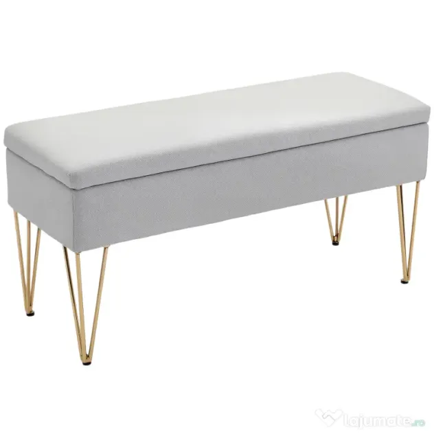 HOMCOM Bancă cu Depozitare din Material Textil și Picioare din Oțel, 100x40x49 cm, Gri Deschis | Aosom Romania