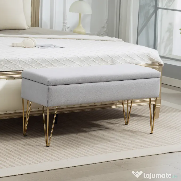 HOMCOM Bancă cu Depozitare din Material Textil și Picioare din Oțel, 100x40x49 cm, Gri Deschis | Aosom Romania