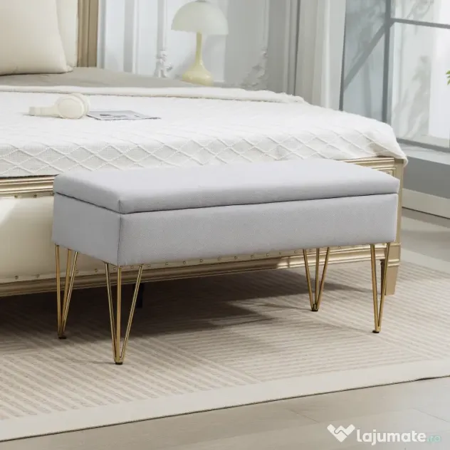 HOMCOM Bancă cu Depozitare din Material Textil și Picioare din Oțel, 100x40x49 cm, Gri Deschis | Aosom Romania