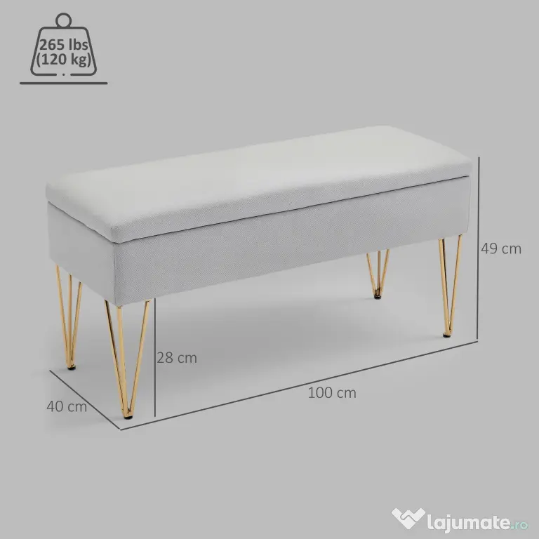 HOMCOM Bancă cu Depozitare din Material Textil și Picioare din Oțel, 100x40x49 cm, Gri Deschis | Aosom Romania