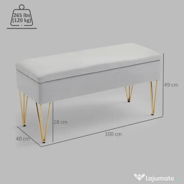 HOMCOM Bancă cu Depozitare din Material Textil și Picioare din Oțel, 100x40x49 cm, Gri Deschis | Aosom Romania