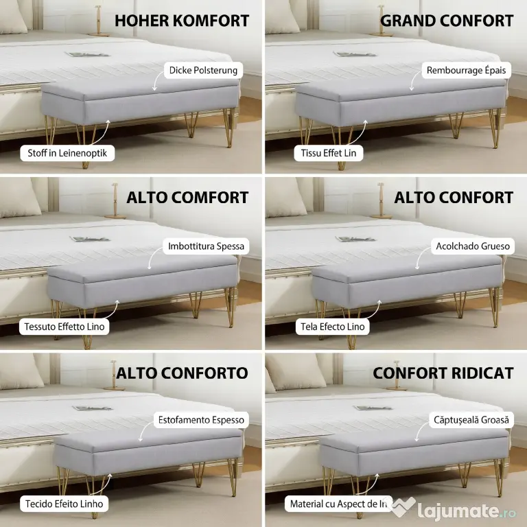 HOMCOM Bancă cu Depozitare din Material Textil și Picioare din Oțel, 100x40x49 cm, Gri Deschis | Aosom Romania