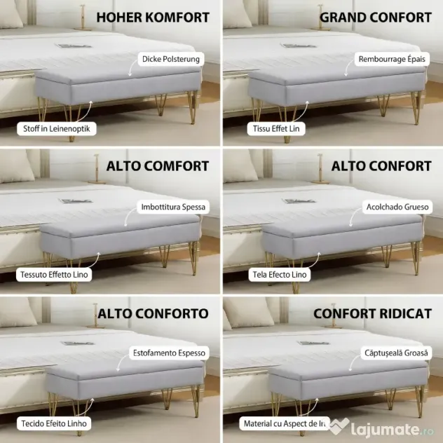 HOMCOM Bancă cu Depozitare din Material Textil și Picioare din Oțel, 100x40x49 cm, Gri Deschis | Aosom Romania
