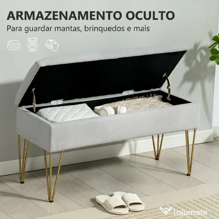 HOMCOM Bancă cu Depozitare din Material Textil și Picioare din Oțel, 100x40x49 cm, Gri Deschis | Aosom Romania