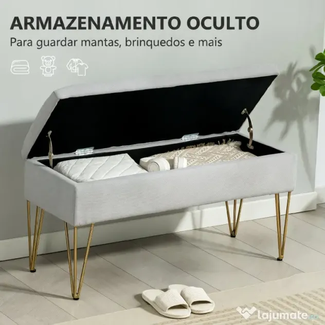 HOMCOM Bancă cu Depozitare din Material Textil și Picioare din Oțel, 100x40x49 cm, Gri Deschis | Aosom Romania