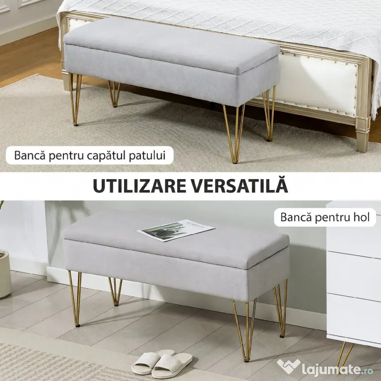 HOMCOM Bancă cu Depozitare din Material Textil și Picioare din Oțel, 100x40x49 cm, Gri Deschis | Aosom Romania