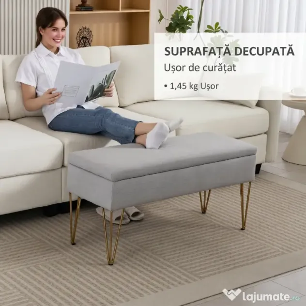HOMCOM Bancă cu Depozitare din Material Textil și Picioare din Oțel, 100x40x49 cm, Gri Deschis | Aosom Romania