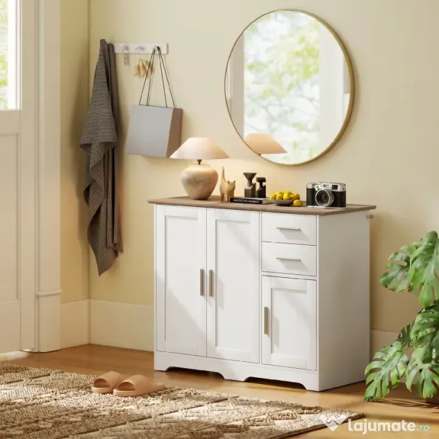 HOMCOM Comodă Modernă din Lemn cu 2 Sertare și 2 Dulapuri, 100x40x78 cm, Alb și Culoare Lemn | Aosom Romania