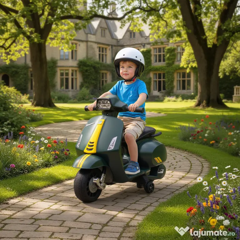AIYAPLAY Motocicletă Electrică pentru Copii cu Licență Vespa, Baterie Reîncărcabilă 6V, Roți Laterale și Lumini, Vârsta 2-6 Ani, Verde Închis | Aosom Romania
